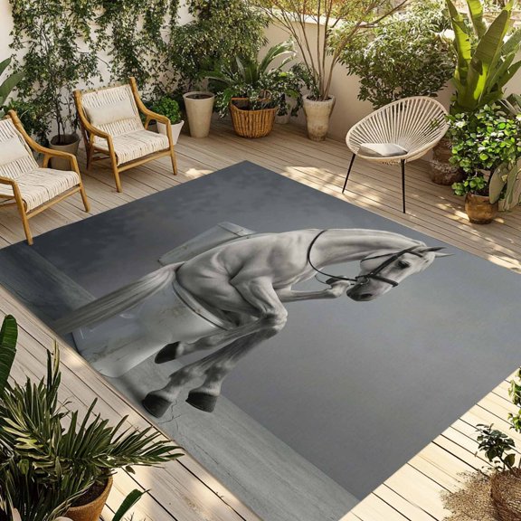 Grey Horse Outdoor Rug for Patio/Deck/Porch, Non-Slip Large Area Rug 4 x 6 Ft, Farmhouse Animals Modern Art Indoor Outdoor Rugs Washable Area Rugs, Reversible Camping Rug Carpet Runner