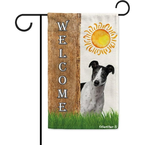 Grey Hound Spring Summer Welcome Garden Flag Dog Hides Behind a Tree Sun Outside Yard Decor Flag Banner 12.5X18 Inch Double Side Style 1