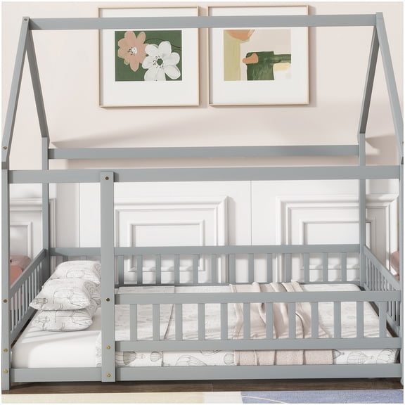Grey House Roof Frame Platform Bed with Safety Rails, Full Size Low Profile Bed