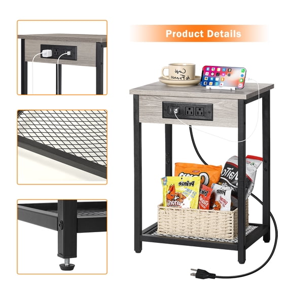 Grey Industrial End Table with Charging Station, 2 AC Outlets & 3 USB Ports, 2-Tier Side Table with Mesh Storage Shelf for Bedroom & Living Room