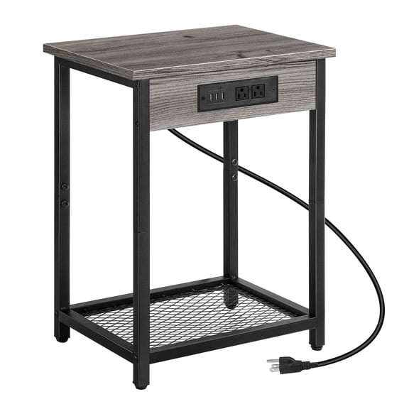 Grey Industrial End Table with Charging Station, 2 AC Outlets & 3 USB Ports, 2-Tier Side Table with Mesh Storage Shelf for Living Room Bedroom
