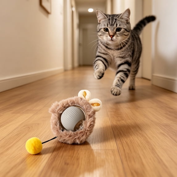 Grey Interactive Cat Toy Ball with Plush Cover - USB Rechargeable Automatic Pet Toy, 3 Speed Modes, Motion Activated, Can Be Used with Cat Play Mat with Holes, Includes Ball & Cable