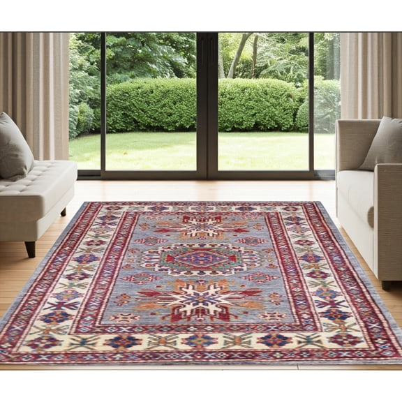 Grey  Ivory Premium Handwoven Pure Wool Super Kazak Rug, 2ft 10in x 4ft 8in