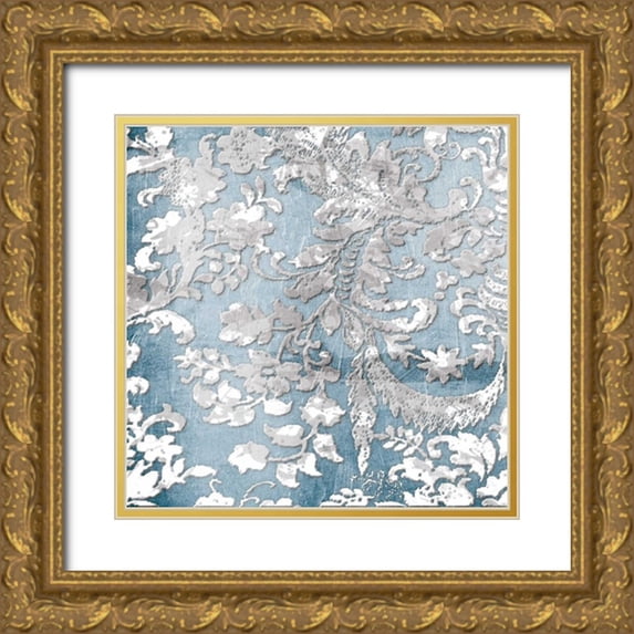 Grey, Jace 15x15 Gold Ornate Wood Framed with Double Matting Museum Art Print Titled - Silver Blue Floral Stamp Two