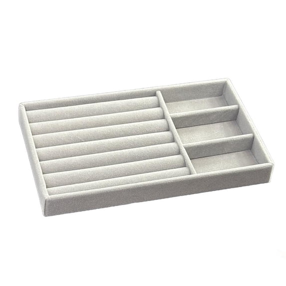 Gray 3-Compartment Jewelry Organizer Tray with Lid and Mirror, Velvet Earring Necklace Display Storage Box for Drawer Dresser, 8.3" x 5"