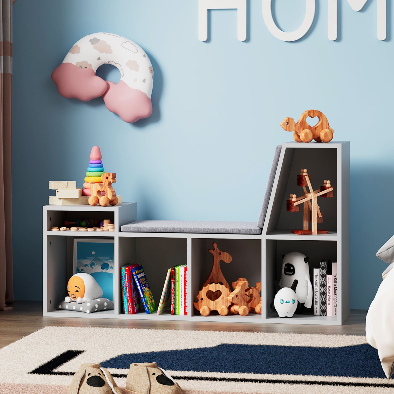 Grey Kids Bookshelf with Reading Nook,5Cubby Nursery Bookcase with