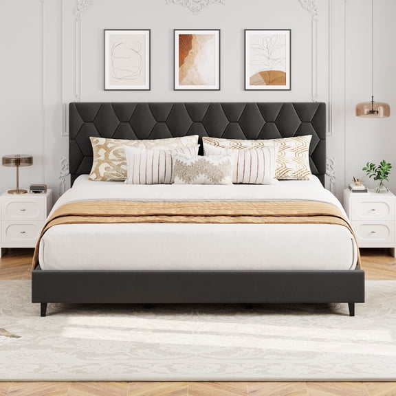 Grey King Size Upholstered Bed Frame with Headboard - Heavy Duty Platform Bed with Strong Wood Slat Support, No Box Spring Needed, Noise Free & Easy Assembly
