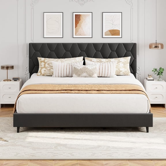 Grey King Upholstered Bed Frame with Headboard, Heavy-Duty Platform Bed Frame with Strong Wood Slats, No Box Spring Needed/Easy Assembly/Noise Free
