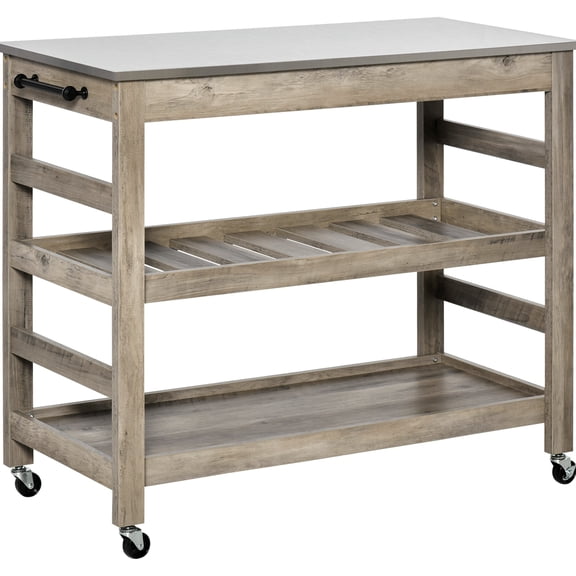 Grey Kitchen Cart With Stainless Steel Worksurface - 2 Shelves, Slotted Middle Shelf, 4 Castor Wheels For Practicality Work Surface Functional Use