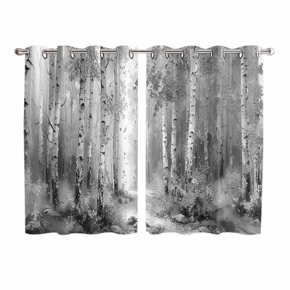 Grey Kitchen Curtains 63 Inch Length, Modern Oil Painting Art Forest Grommet Top Bedroom Living Room Curtains, Light Filtering Cafe Curtain Drapes 2 Panels Set 104''x63''