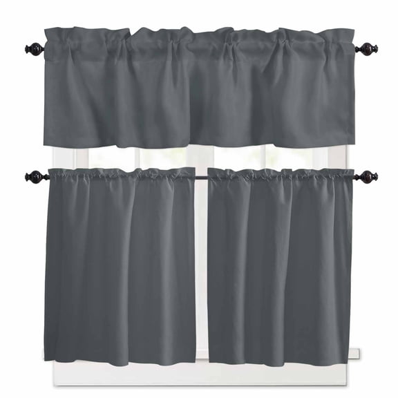 Grey Kitchen Curtains Valance and Tier Set Pure Solid Color Simple Turquoise Modern Rod Pocket Short Curtains for Small Window 3 Pieces Set for Bedroom Bathroom Cafe (54" x 18"+27" x 24")