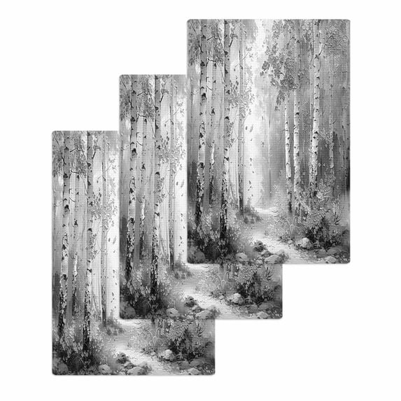 Grey Kitchen Dish Towels for Drying Dishes Set of 3, Modern Oil Painting Art Forest Waffle Weave Microfiber Hand Tea Bathroom Towels Quick Dry & Absorbent Towel 15.7x23.6