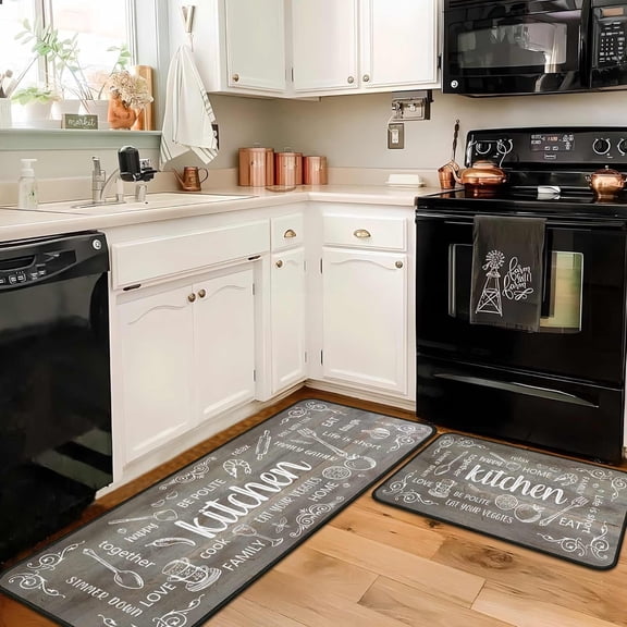 Grey Kitchen Rugs and Mats Sets of 2, Non Skid Washable Absorbent Microfiber Retro Rustic Wood Texture Kitchen Mat for Runner Hallway Doormat Bathroom 17"x 47"+17"x 30"