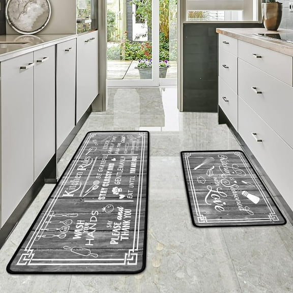 Grey Kitchen Rugs,Non Skid Washable Microfiber Kitchen mats for Floor, Kitchen Rules Theme Kitchen Cushioned Runner Rug Decor Sets of 2,Size 17"x 47"+17"x 30"