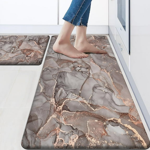 Grey Kitchen Rugs Set of 2 Anti Fatigue Mats Kitchen Floor Marble Kitchen Mat Non Slip Waterproof Gold Kitchen Decor Memory Foam Kitchen Mats Rugs for Kitchen Floor,Front of Sink,Office,Laundry