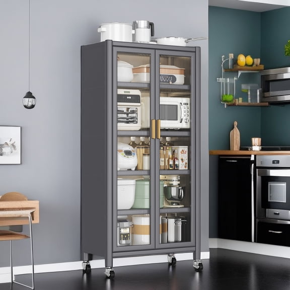 Grey Kitchen Storage: Metal Floor-ceiling Cabinet With Double Open Doors, 250kg Load Capacity & Effortlessly Turning Wheels Shelving In Grey: Support Smoothly Rotating