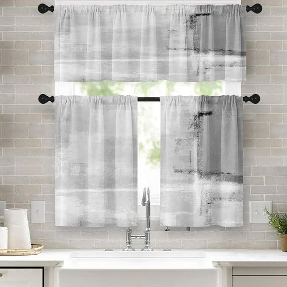 Grey Kitchen Window Curtains Valance and Tier Set 36 Inch, Abstract Art Painting Rod Pocket Short Tier Curtain for Bathroom, Modern Small Cafe Drapes for Kitchen Decor