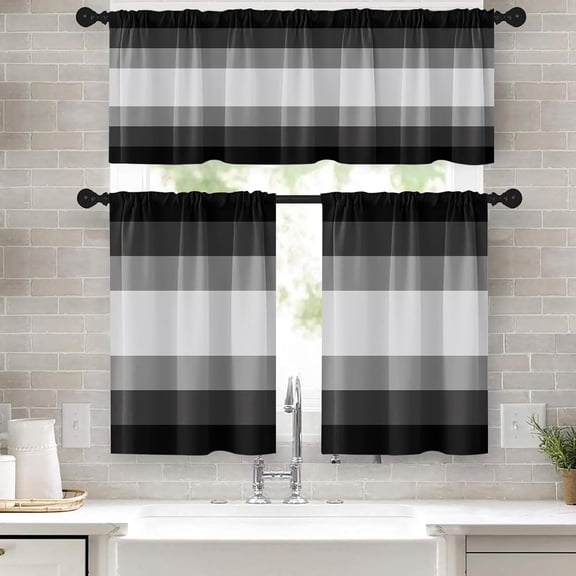 Grey Kitchen Window Curtains Valance and Tier Set 36 Inch, Striped Minimalist Geometric Grey Black 3 Piece Set Short Curtains, Window Treatment Tiers for Living Room Bedroom
