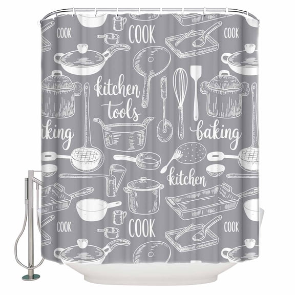 Grey Kitchenware Bathroom Shower Curtains with 12 Hooks Polyester Waterproof Shower Curtain for Stalls and Bathtubs Modern Funny Cook Tools Spoons Forks Decorative Bathroom Curtain 36x72 Inches