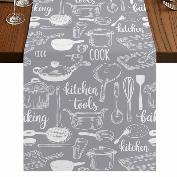 Grey Kitchenware Burlap Cotton Table Runner 13x70 Inches Long, Modern Funny Cook Tools Spoons Forks Farmhouse Table Runners, Outdoor Dining Tablecloths Decor for Baby Shower/Party/Wedding