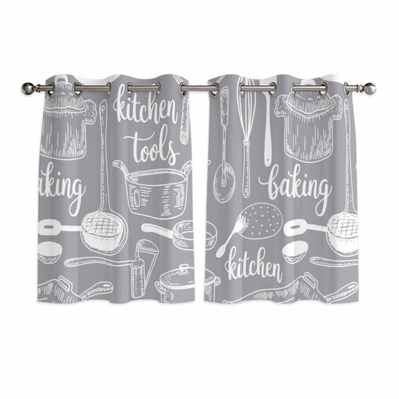 Grey Kitchenware Kitchen Curtains Window Panels, Modern Funny Cook Tools Spoons Forks Insulated Window Treatment Curtain, Grommet Curtains for Bedroom/Living Room/Bathroom, 2 Piece 42"Wx45"L
