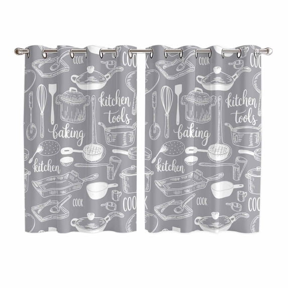 Grey Kitchenware Kitchen Curtains Window Panels, Modern Funny Cook Tools Spoons Forks Insulated Window Treatment Curtain, Grommet Curtains for Bedroom/Living Room/Bathroom, 2 Piece 52"Wx72"L