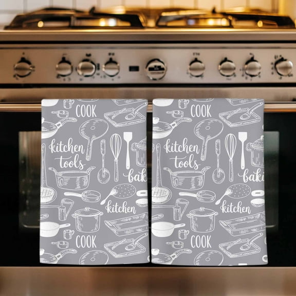 Grey Kitchenware Kitchen Towels Set of 2, Modern Funny Cook Tools Spoons Forks Absorbent Dish Towels for Kitchen, Microfiber Hand Towel, Quick Drying Tea Towel for Cleaning Decorative Dishcloths