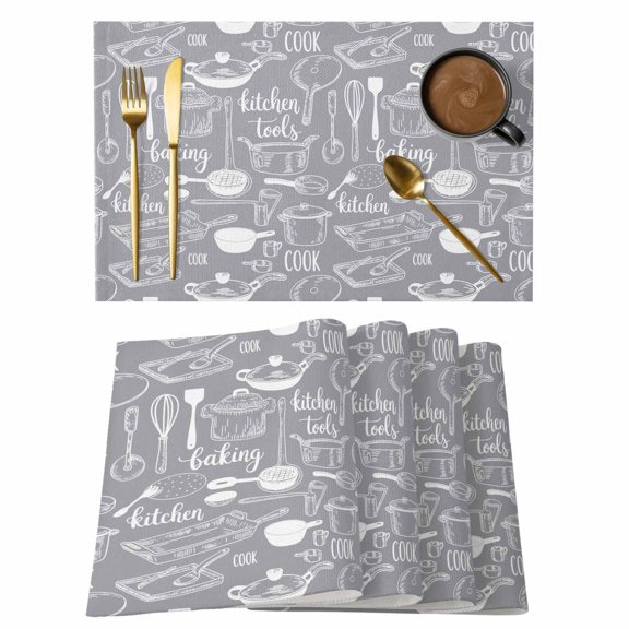 Grey Kitchenware Placemats Set of 12, Modern Funny Cook Tools Spoons Forks Placemats for Dining Table, Place Mats for Kitchen Tabletop, Waterproof Wipeable Dining Table Mats Set