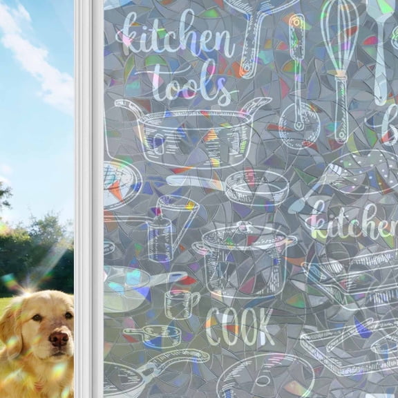 Grey Kitchenware Window Privacy Film Stain Glass,Reusable Decorative Rainbow Window Film,Modern Funny Cook Tools Spoons Forks Static Cling Sun Blocking Stickers Decals Covers 17.7" x 39.3" (2pcs)