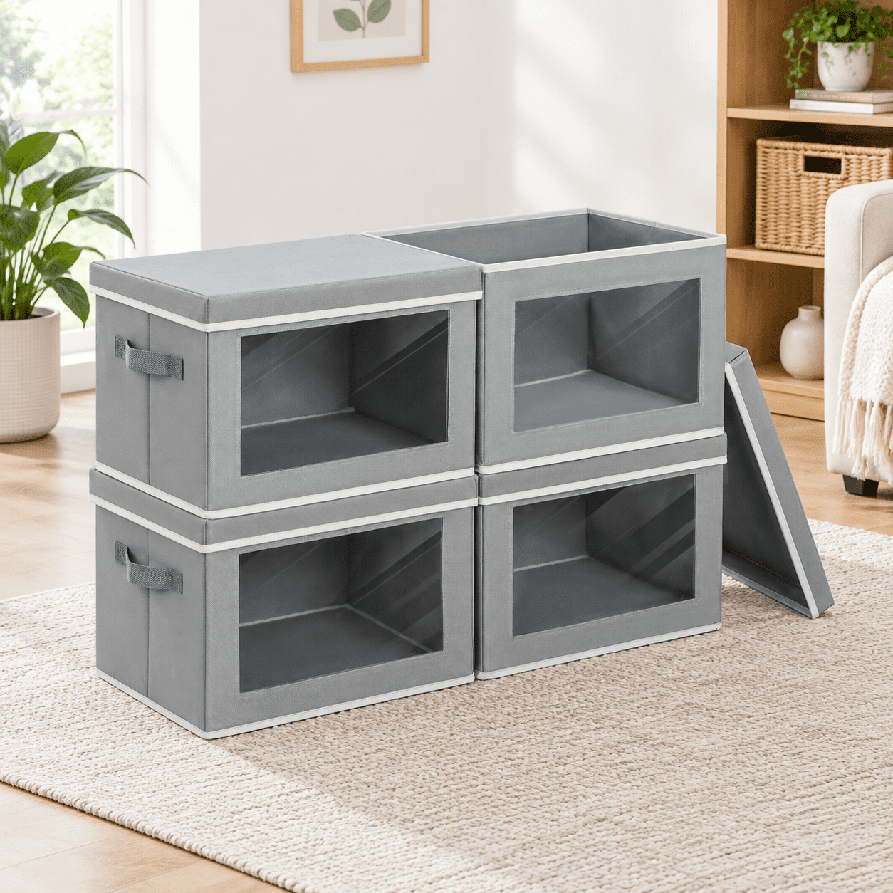 Grey L(4-Pack) Fabric Closet Storage Bins with Lids, Collapsible ...