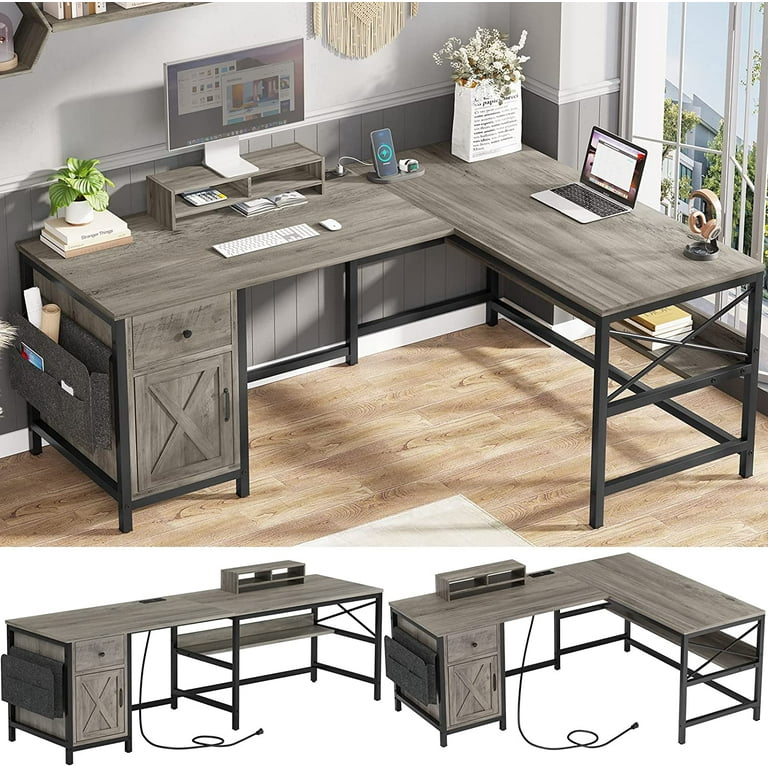 Grey L Shaped Desk Reversible Computer Desk with Power Strip Drawer 63 Retro Home Office Corner Desk with Storage Cabinet