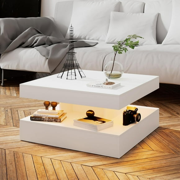 Grey LED Coffee Table with 2 Storage Drawers for Living Room Square Center Middle Table Modern Cocktail Table with Light 2-Tier Tea Tables Contemporary Mid Century Wood Home Office Waiting Room