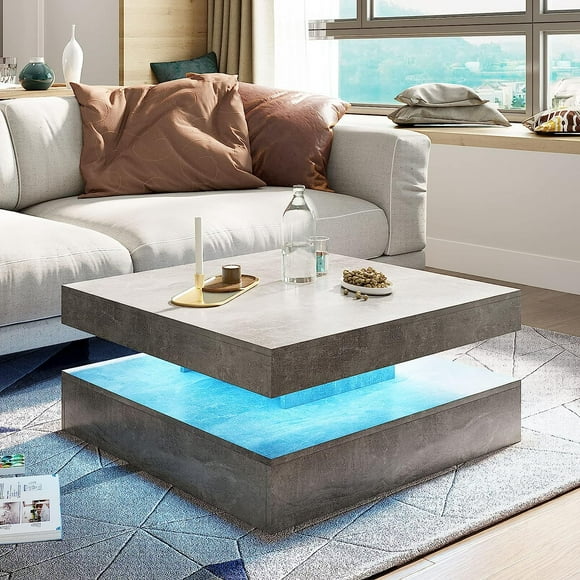 Grey LED Coffee Table for Living Room, Living Room Table 2-Tier Square Middle Center Table, Modern Coffee Tables with Storage, Contemporary Wood Tea Tables for Dining Reception