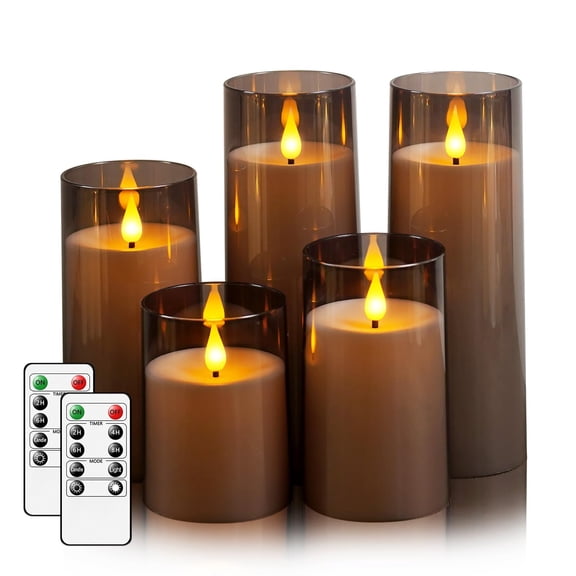 Shingkay Grey LED Flameless Pillar Candles Battery Operated with Remote Timer, 5 pack 3D Flickering Acrylic Candles