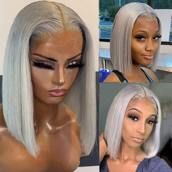 Grey Lace Bob wig Human Hair Pre Plucked Short Straight Peruvian Virgin Hair 150% Density Bob Wig 13x4 Lace Front Wigs Middle Part for Women