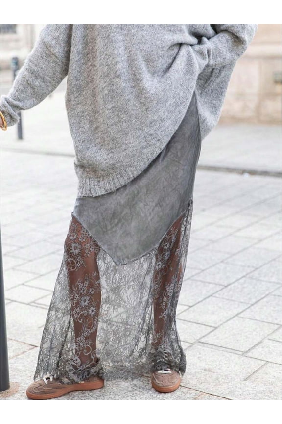 Grey Lace Overlay Maxi Skirt Asymmetrical Sheer Floral A-Line Flowing