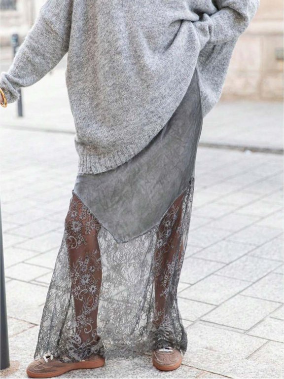 Grey Lace Overlay Maxi Skirt Asymmetrical Sheer Floral A-Line Flowing