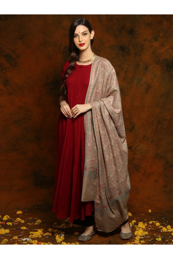 Grey Ladakh Pashmina Sozni Floral All-Over Shawl - Fine Embroidery