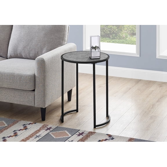 Grey Laminate Black Metal Round Side End Nightstand Accent Table for Living & Bedroom