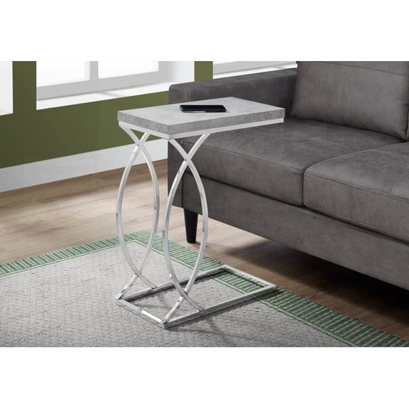 Grey Laminate C-shaped Accent Table with Chrome Metal, Suitable for Living & Bedroom