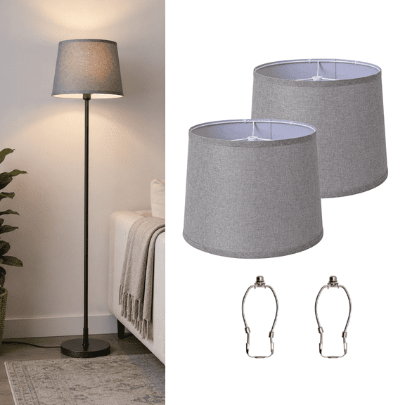 Grey Empire Lamp Shades Set of 2, Linen Blend Replacement Shades for Floor Lamps and Large Table Lamps with Spider Fitter, 11.4" Top x 13" Bottom x 9.8" H