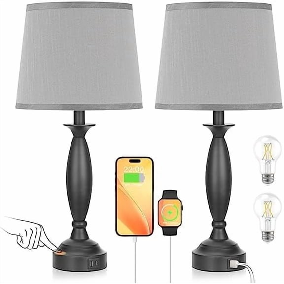 Grey Lamps for Bedrooms Set of 2 - Touch Control Bedside Lamp with USB C+A, 3 Way Dimmable Nightstand Lamps with USB Port, Table Lamp for Living Room(Grey Shade and Black Base)