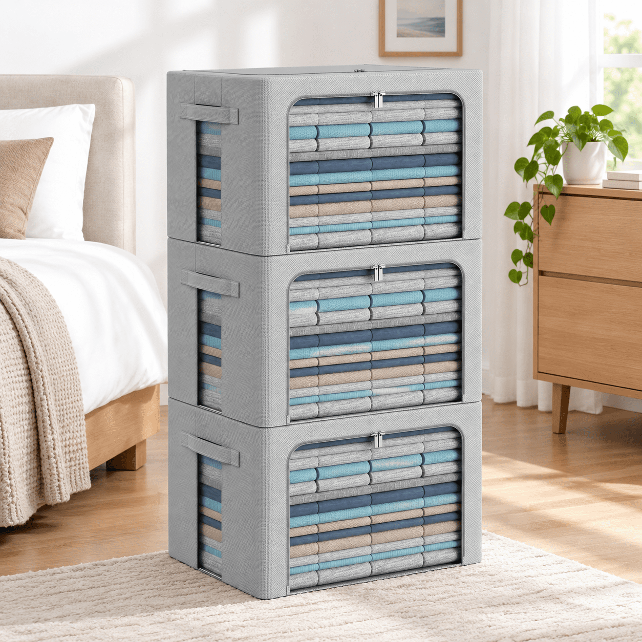 Grey Large-66L 3-Pack Oxford Fabric Foldable Stackable Storage ...
