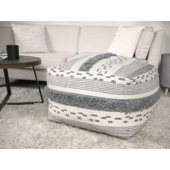 Grey Large Faux Pouf, 26x26 Inches, 200-pound Capacity, Fully Put Together, Spot Clean, Beads Filling 200 Lbs Assembled, Filled With