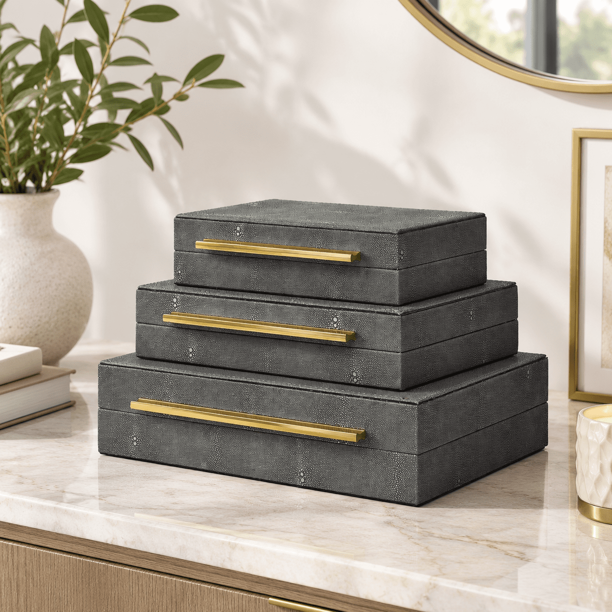 Grey Large Faux Shagreen Decorative Stackable Storage Boxes, Set of 3 ...