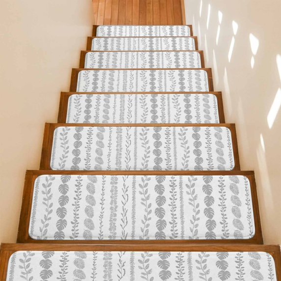 Grey Leaf Striped Stair Treads Non Slip for Steps Summer Botanical Vertical Natural Stripes 7 Pcs Reusable Adhesive Stair Runner Mats for Dogs Elders Carpet Treads Rugs for Staircase 8x30 In