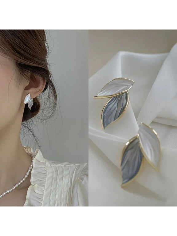Grey Leaf Stud Earrings For Women Single Grey Tone Alloy Fashion Accessory