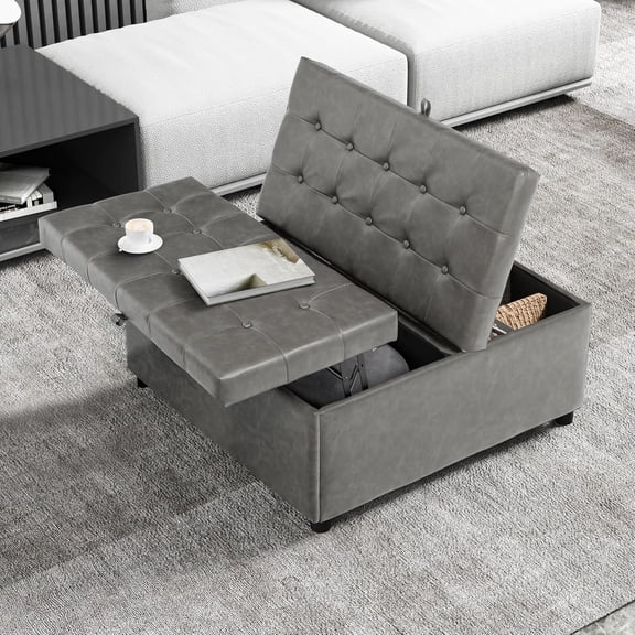 Grey Leather 36 Inch Square Large Living Room Lift Top Ottoma |  Tufted Upholstered Shoe Storage Entry Bench, Bed Benches For Foot Rest, Lift Footrest For Dorm Bedroom Office