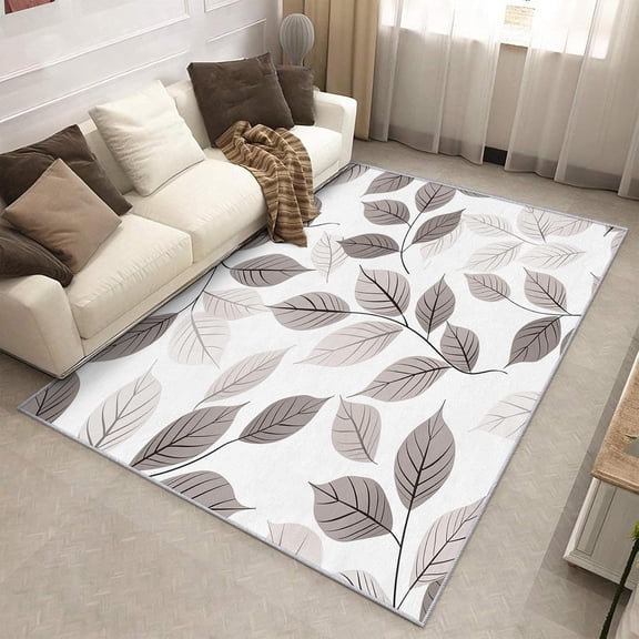 Grey Leaves Area Rug, Modern Simple Plant Leaf Indoor Carpet, Washable Non Slip Low Pile Soft Thin Rug for Living Room Bedroom Home Decor Mat 2x3ft