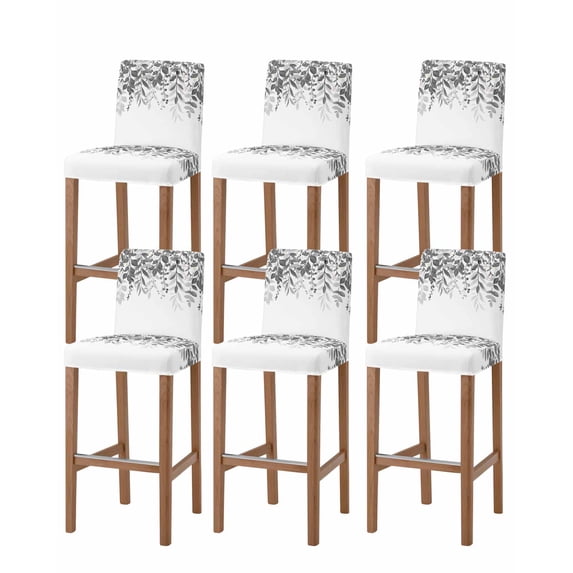 Grey Leaves Bar Stool Covers Set of 6, Summer Botanical Stretch Washable Bar Chair Covers with Backs, Removable Pub Counter Height Chair Cover for Kitchen Dining Room Cafe Watercolor Weeping